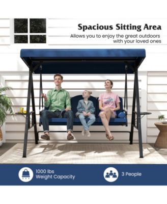 3-Seat Patio Swing Chair Porch Swing with Adjustable Canopy Thickened Cushions Pillow and Foldable Side Trays