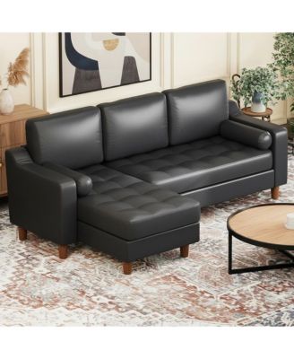 88.9" L-Shaped Leather Sofa with Chaise, Mid-Century Modern 3-Seater Couch