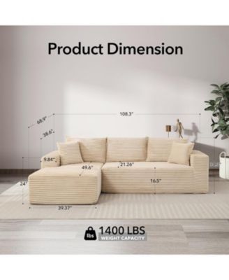 108" Cloud Sectional Sofa, L-Shaped Couch with Deep Seat, Corduroy, Beige Left Chaise