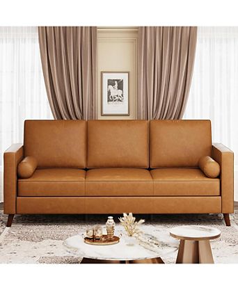 86" Faux Leather Sofa, Mid-Century Modern 3-Seater Couch with Deep Seat and Removable Cover