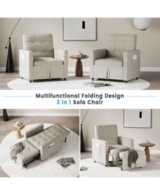 3-in-1 Convertible Sleeper Chair, Pull-Out Sofa Bed with Adjustable Backrest, Linen Fabric
