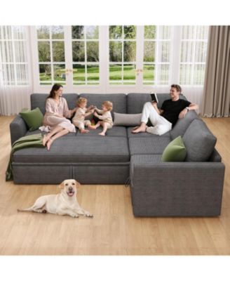 Sectional Sleeper Sofa, Corduroy Couch with Pull-Out Bed and Storage, Tool-Free Assembly