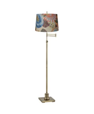 Swing Arm Floor Lamp Adjustable Height 70" Tall Antique Brass Tropic Flower Drum Shade for Living Room Reading Bedroom Office