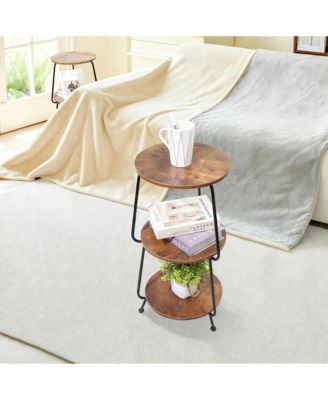 Small Round Side shelf 3 Tier Circular End Table Brown Nightstand Storage Shelf
