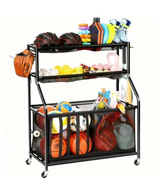 Organizer 37 Gallon Ball Storage Bin Steel shelf Baskets Hooks Elastic Straps Wheels