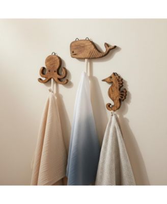 Sea Life Wooden Wall Hooks Set of 4 Handmade Animal Decorative Hooks for Nursery Beach Room