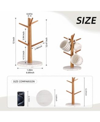 Premium Wood Mug Tree Marble Base 6 Hooks Counter Organizer