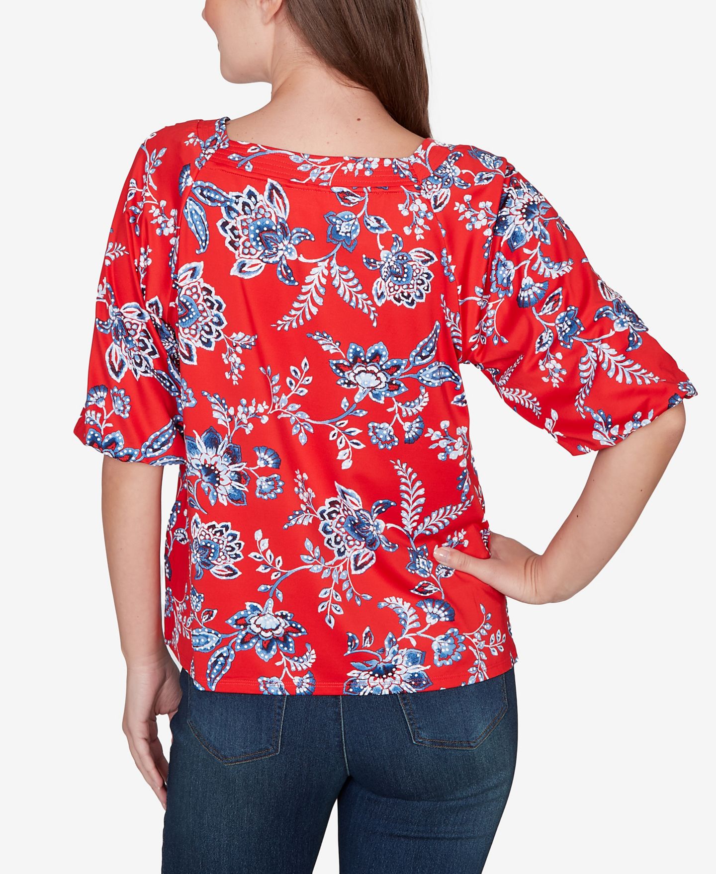 Женский топ Ruby Rd. Petite Square Neck Floral Puff Print, цвет: Красный разноцветный — фото 5