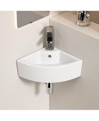 Wall Mounted Triangle Corner Vessel Sink Gloss Ceramic Space Saving Bathroom Sink