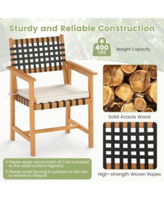 Set of 2 Woven Rope Acacia Wood Outdoor Dining Chairs with Cushions and Armrests