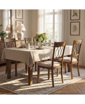 Set of 2 Linen Upholstered Dining Chairs with Hollowed Back and Rubber Wood Frame
