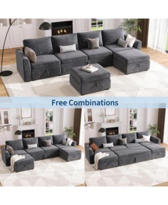 Sectional Sleeper Sofa with Pull-Out Bed, Chenille Modular Couch with Storage and 2 Ottomans