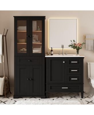 Bathroom Storage Cabinet and Vanity Sink Combo with Glass Doors, Drawer and Adjustable Shelves