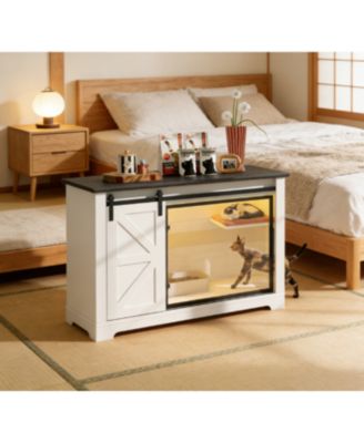  46 in. Farmhouse Cat Litter Box Enclosure with Sliding Barn Door Hidden Cat Cabinet with LED Light Storage