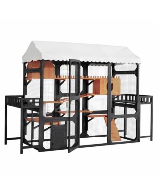 Large Wooden Outdoor Cat Enclosure with Plant Stands Multi Level Playpen Weather Resistant Roof Climbing Ramp