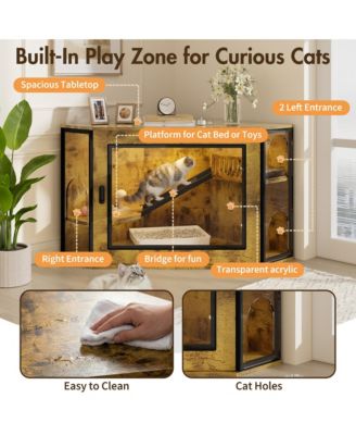48 in. Corner Cat Litter Box Enclosure Modern Hidden Cabinet with Acrylic Door LED Light and Playground