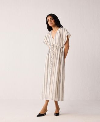 Women's Maxi Gathered Dress with Side Slits in Stripes
