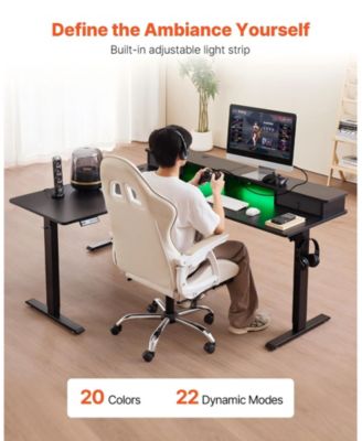 L Shaped Electric Standing Desk 63 x 55 in, Adjustable Height Corner Desk with LED Light Strip and Power Strip