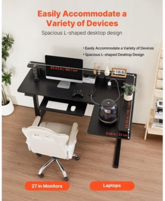 L Shaped Electric Standing Desk 63 x 43 in, Adjustable Height Corner Desk with Keyboard Tray and Power Strip