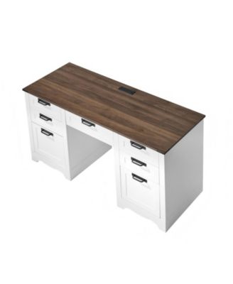 60 in Farmhouse Executive Desk with Charging Station, Office Table with Storage Drawers and Keyboard Tray, Walnut