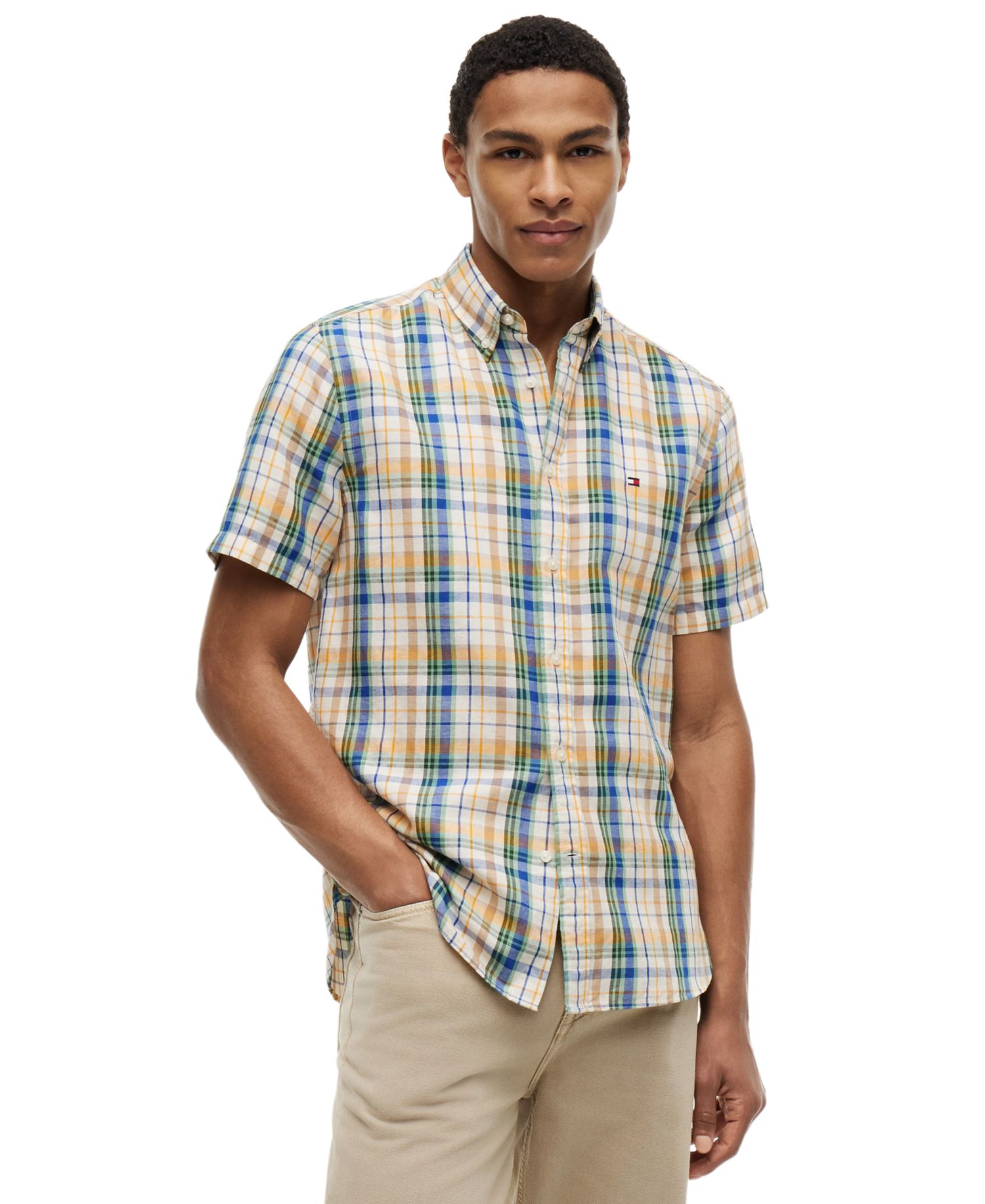 Men's Linen Blend Madras Short-Sleeve Shirt