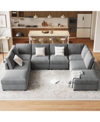 Modular Sectional Sofa L-Shaped Couch with Movable Ottoman- Convertible Chenille Sofa