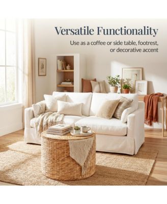 Large Round Storage Ottoman W/ Lid, Handwoven Water Hyacinth Footstool