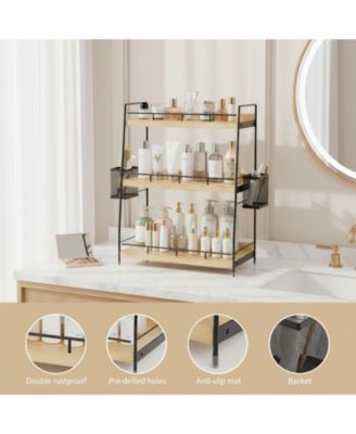 3 Tier Bathroom Counter Organizer with Baskets Wooden Metal Storage Vanity Makeup Organiser