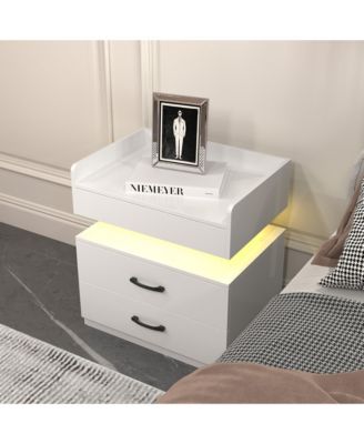 Modern Neutral Nightstand with Storage Space and LED Light Glass Top Jewelry Storage Bedside Table
