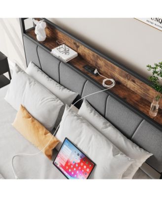 Full Size Bed Frame Storage Headboard Charging Station Vintage