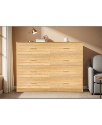 Natural 8-Drawer Modern Bedroom Dresser with Gold Handles