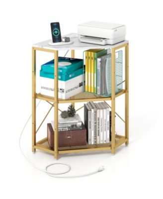 Corner Printer Stand with Power Outlet 3-Tier Storage Rack with Adjustable Shelf