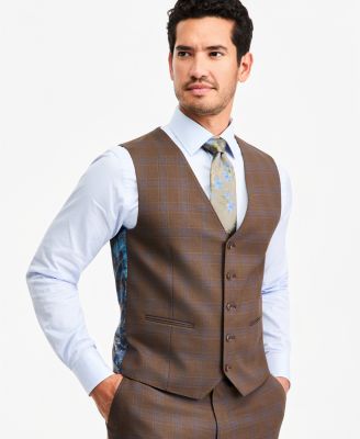 Men's Classic-Fit Brown Plaid Suit Separate Vest