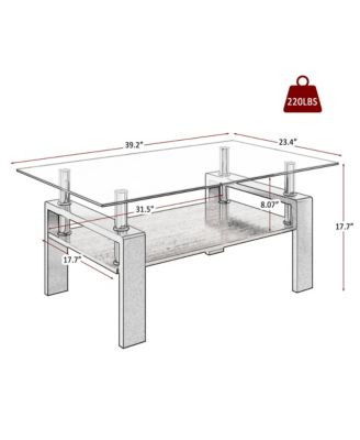 2-Tier Coffee Table, Rectangle Center Table with Tempered Glass Top, MDF Shelf and Metal Legs for Living Room, Home Office