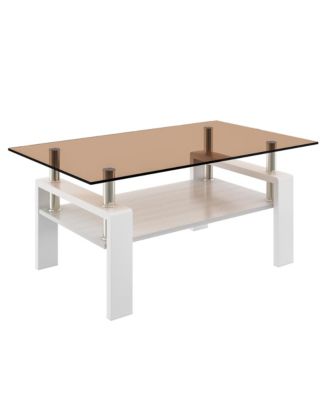 Modern 2-Tier Coffee Table, Rectangle Center Table with Tempered Glass Top, MDF Shelf and Metal Legs for Living Room, Home Office