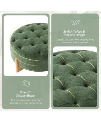 32" Round Tufted Ottoman - Modern Coffee Table with Solid Wood Legs, Tufted Buttons and Piping Lines, Center Table for Living Room