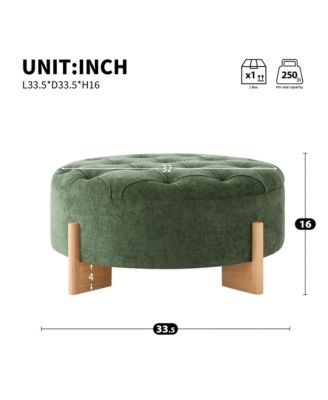 32" Round Tufted Ottoman - Modern Coffee Table with Solid Wood Legs, Tufted Buttons and Piping Lines, Center Table for Living Room