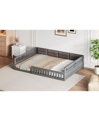 Full Size Wood Upholstered Platform Bed Guardrail Fluffy Pillows Pine Wood MDF