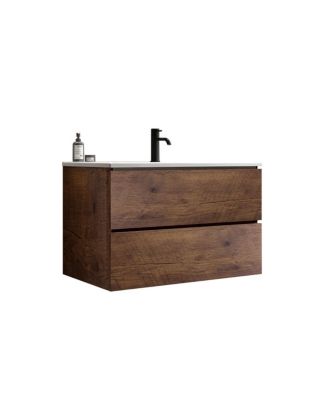 30" Modern Walnut Wall Mount Vanity With Ceramic Sink, Single-Hole Top U-Channel Storage, DTC Silent Close