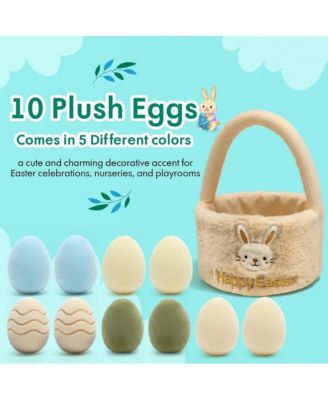 Easter Plush Bunny and Basket with Egg Toy Set, 13" Soft Cuddly Stuffed Bunny Bow and 9.5" Easter Basket with 10pc Plush Eggs