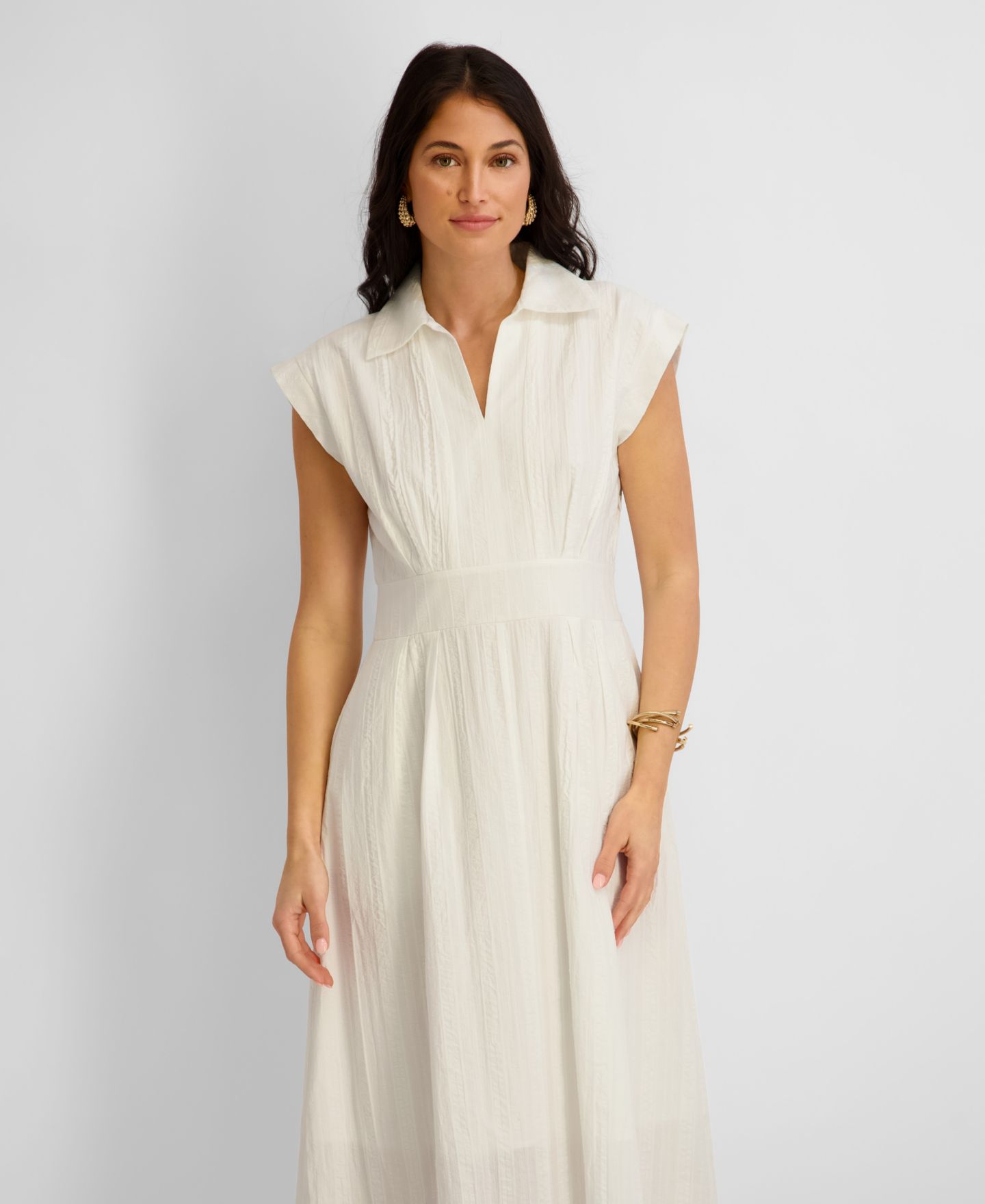 Женское платье Kensie Textured Stripe Midi Collared Shirt Dress, цвет: Белый — фото 2