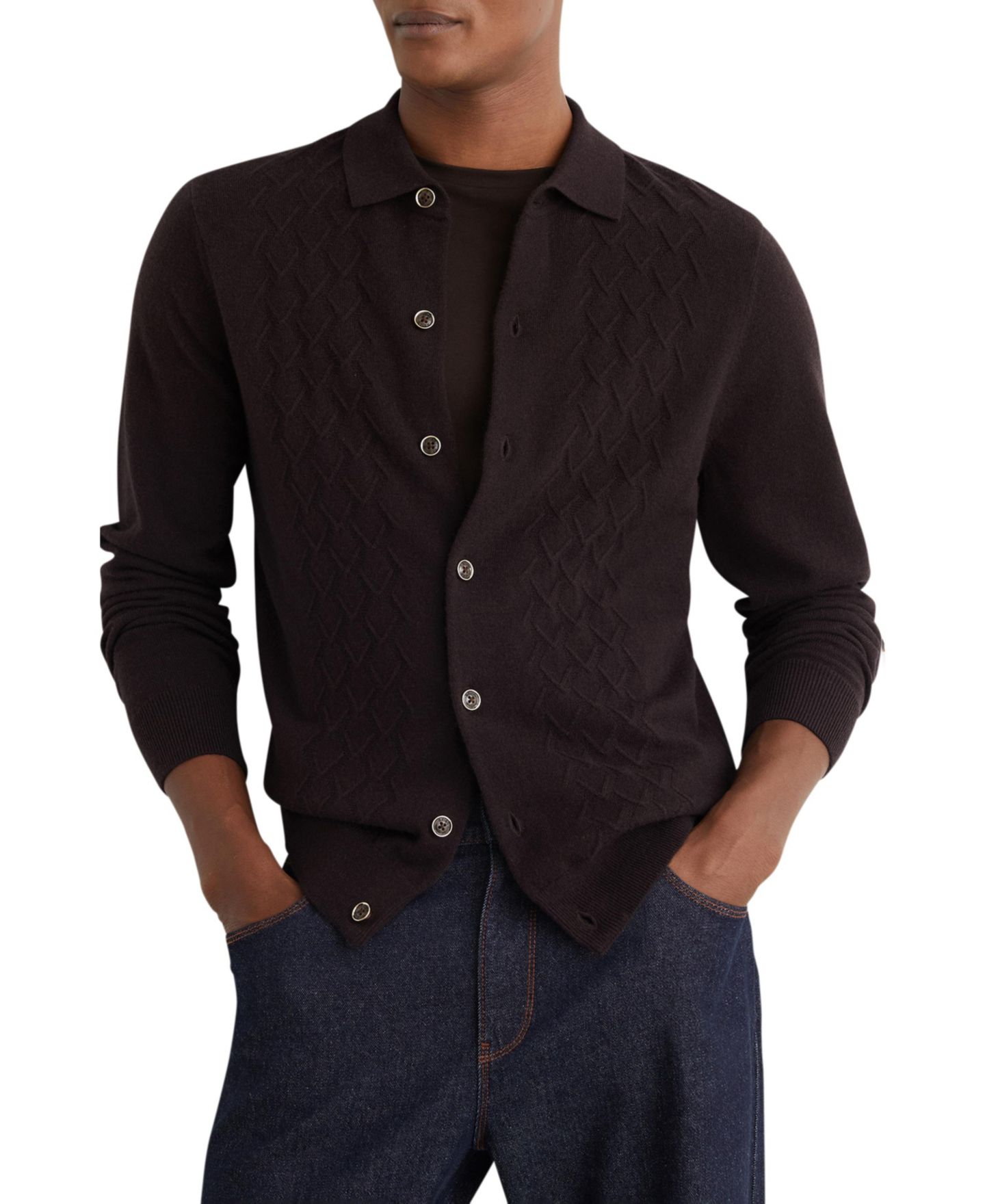 Мужской свитер REISS Gideon Wool Stitch-Detail Button, цвет: Шоколадный — фото 1