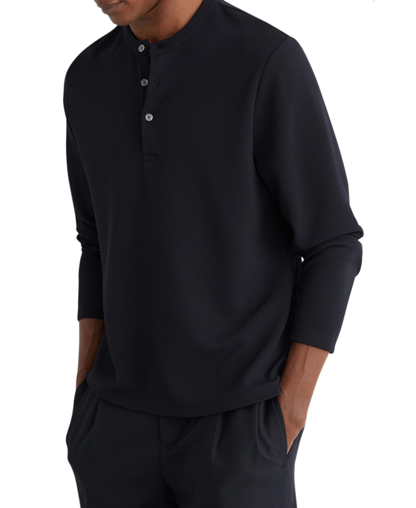 Мужская футболка REISS Salvator Textured Long-Sleeve Henley, цвет: Тёмно-синий — фото 1