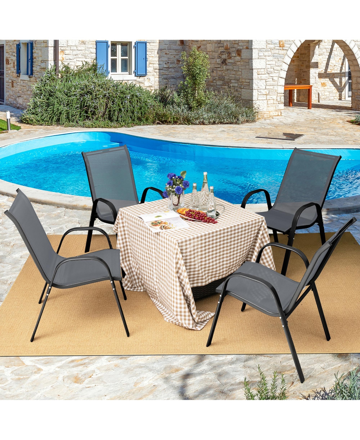Gymax 4 Pieces Patio Stacking Dining Chairs with Curved Armrests and Breathable Seat Fabric