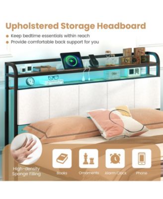 Queen Size Bed Frame with LED Light and Charging Station