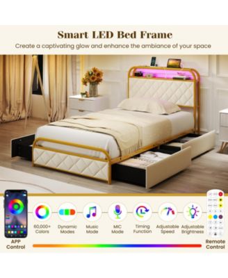 Twin Size Bed Frame with LED Lights and Charging Station