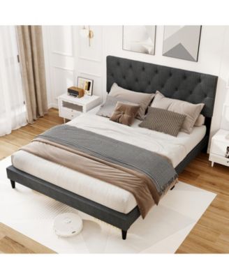 Queen Size Upholstered Platform Bed with Tufted Headboard and Wooden Slats