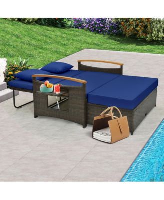 Outdoor Wicker Daybed Patio Loveseat and Storage Ottoman Set w/ Navy Cushions