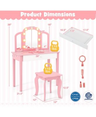2-in-1 Kids Vanity Table Set with Tri-Folding Detachable Mirror and LED Lights
