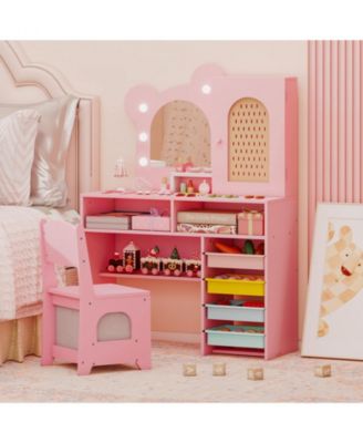 Kids Vanity with Lights and 5 Drawers Bear Design Dressing Table Set